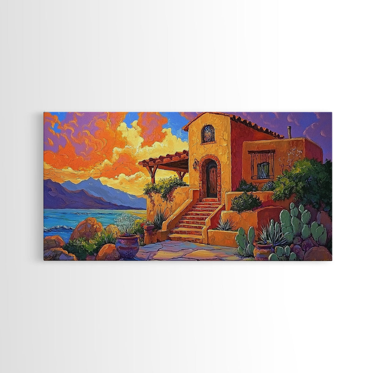 Desert Adobe, Sunset, Southwest, Framed Canvas Print, southwestern home art, rustic decor, living room wall art, fall adobe style