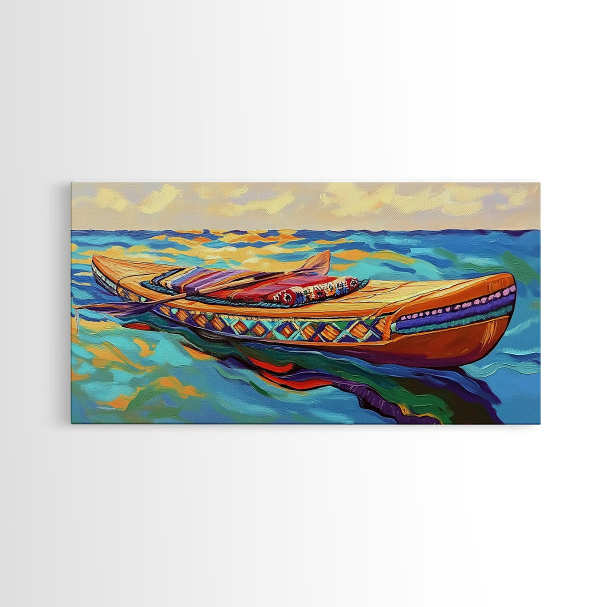 Canoe Water, Colorful, Tribal, Canvas Print, boho kayak art, nautical decor, beach house wall art, rustic folk painting, summer vibe