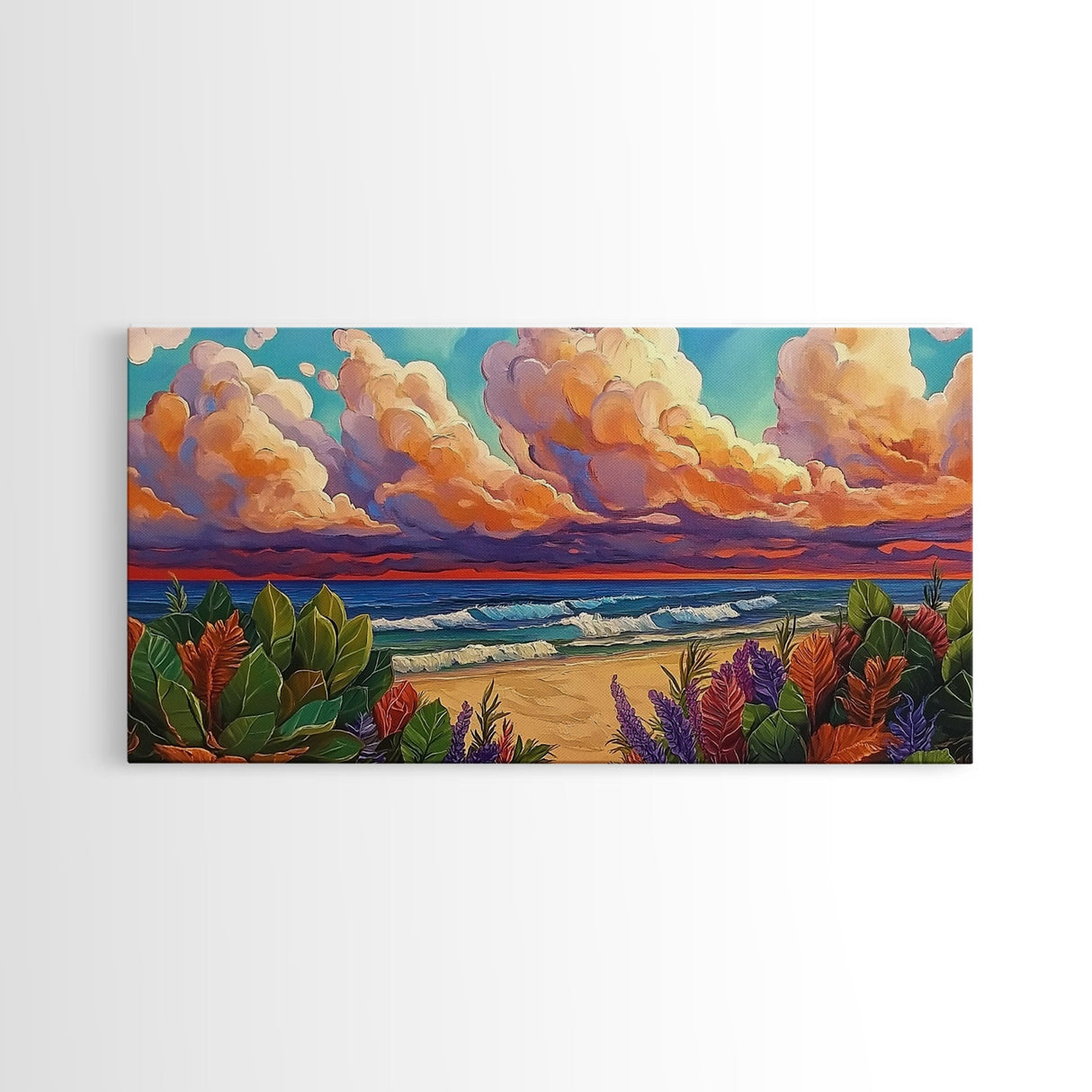 Tropical Beach, Clouds, Canvas Print, Colorful coastal beach artwork with dramatic clouds and waves, Bathroom Wall Art, coastal style