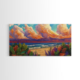 Tropical Beach, Clouds, Canvas Print, Colorful coastal beach artwork with dramatic clouds and waves, Bathroom Wall Art, coastal style