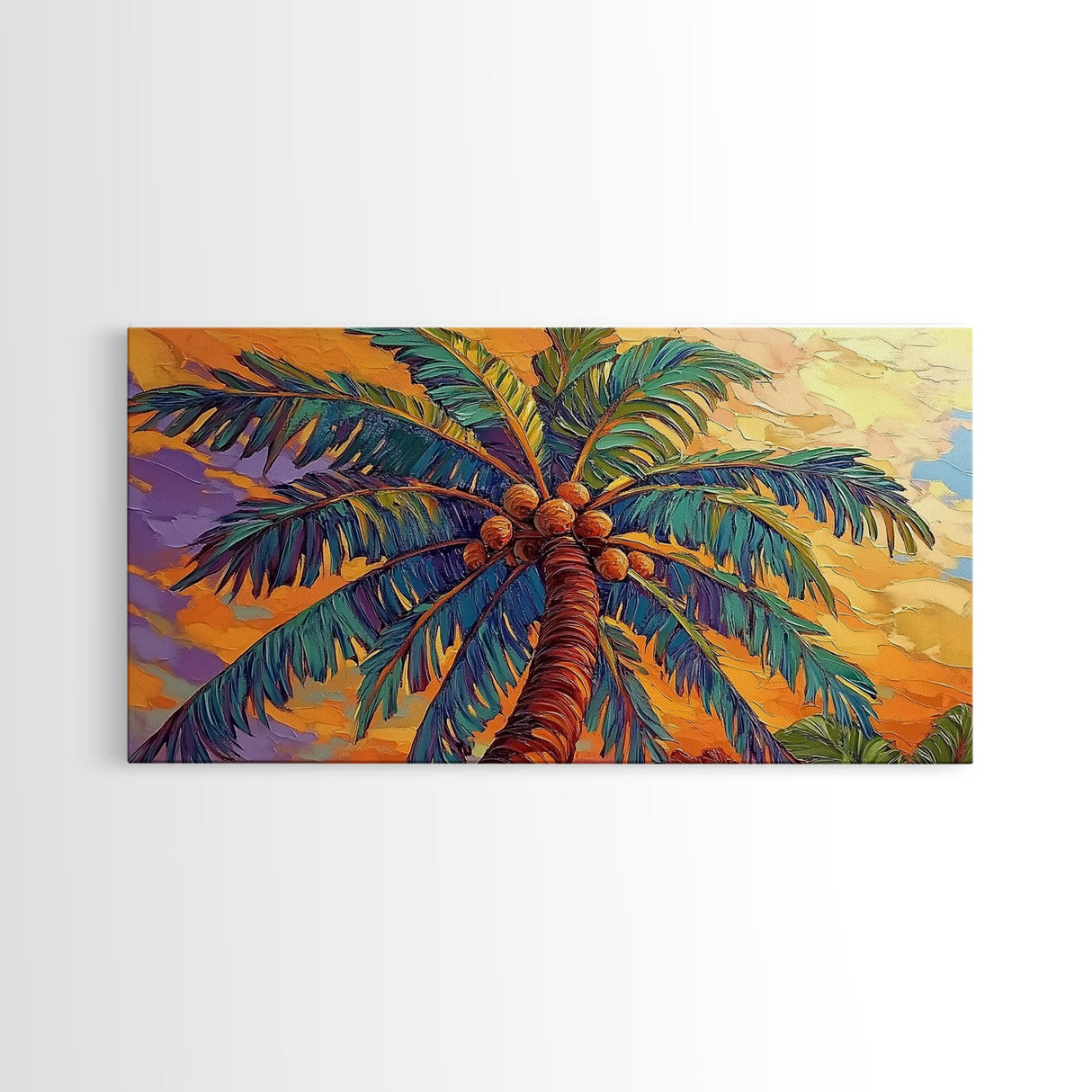 Palm Tree Sunset, Tropical, Framed Canvas Print, Bold colorful palm tree art in sunset sky, great Summer Beach Wall Art, tropical decor