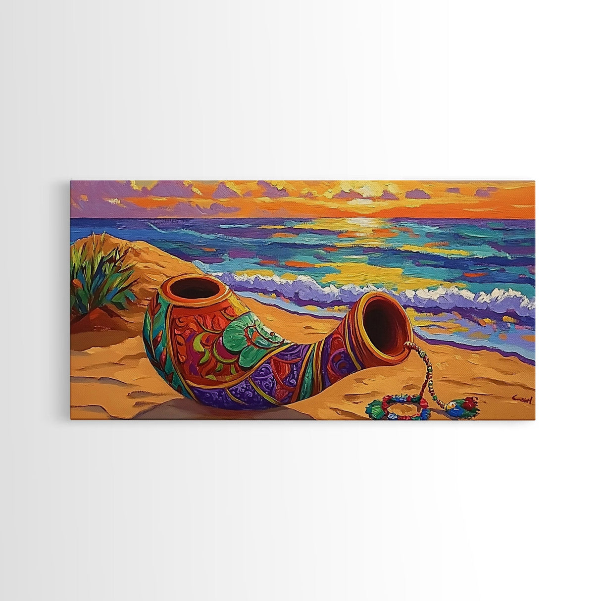 Horn Sand, Sunset, Shore, Framed Canvas Print boho beach decor, living room Mexican art, coastal horn painting, rustic folk art