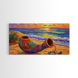 Horn Sand, Sunset, Shore, Framed Canvas Print boho beach decor, living room Mexican art, coastal horn painting, rustic folk art
