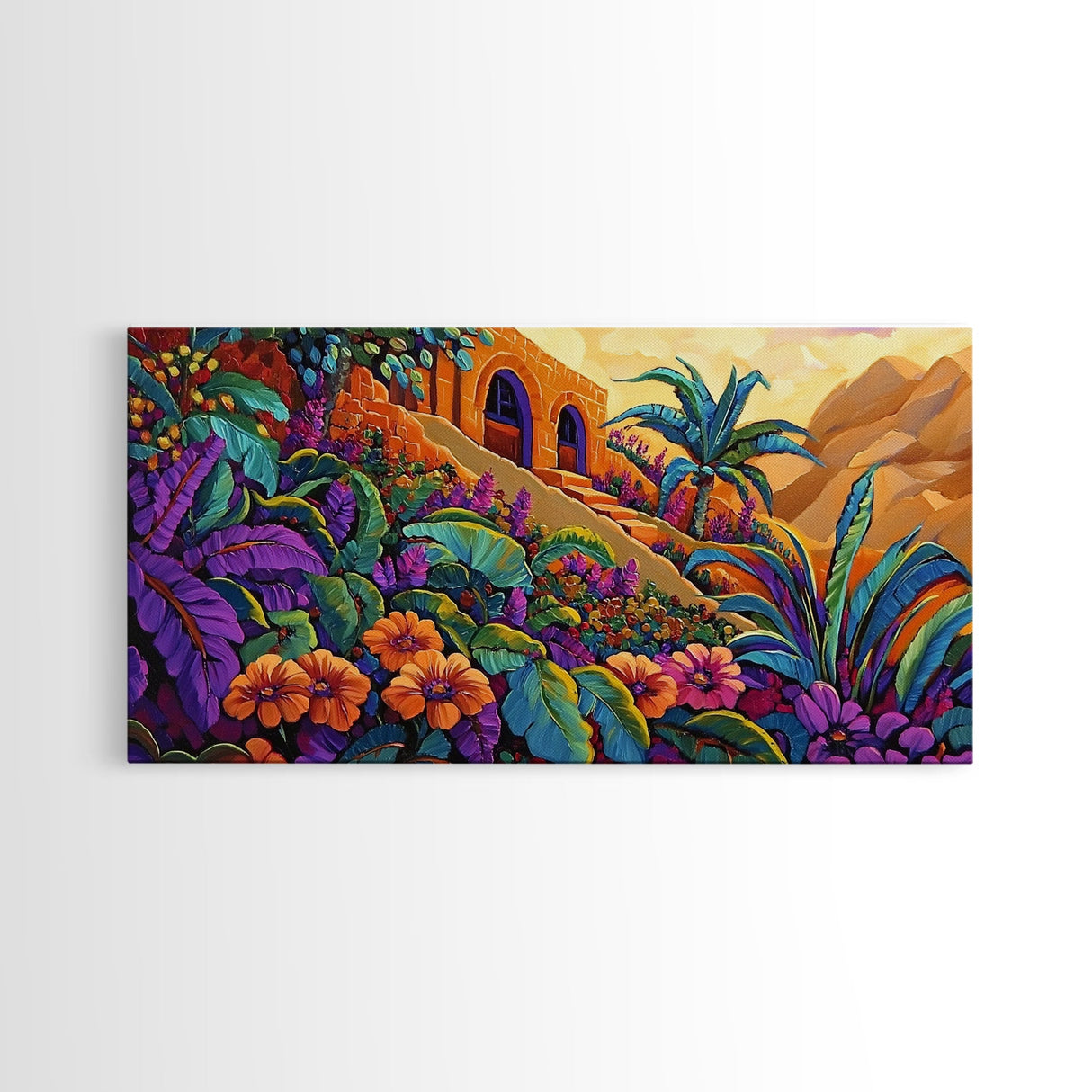 Jungle, Flowers, Adobe, Hillside, Framed Canvas Print tropical wall art, vibrant living room decor, boho jungle scene painting