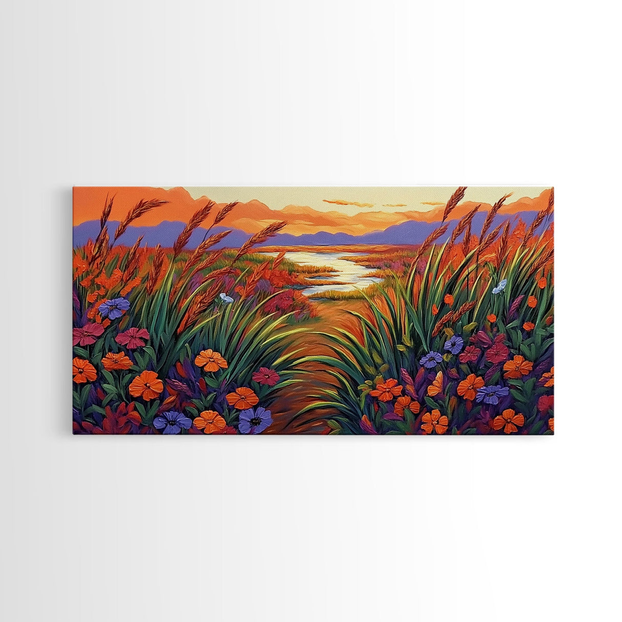 Wildflowers, River, Mountains, Autumn, Canvas Print fall floral decor, rustic meadow art, nature landscape painting, country living room