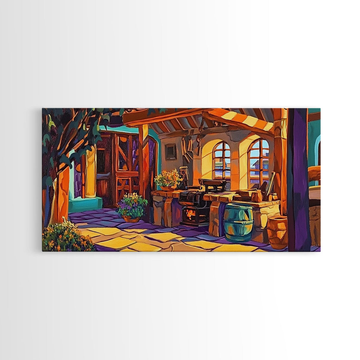 Rustic Kitchen, Mexican, Decor, Framed Canvas Print of rustic kitchen, Kitchen Wall Art, warm tones, bohemian style interior decor