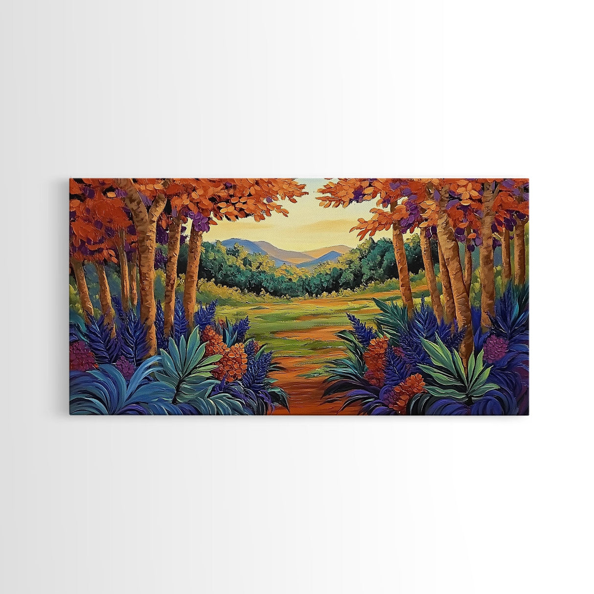 Forest Fall, Colorful, Leaves, Framed Canvas Print bold woodland foliage design, vibrant autumn landscape art, hallway wall accent
