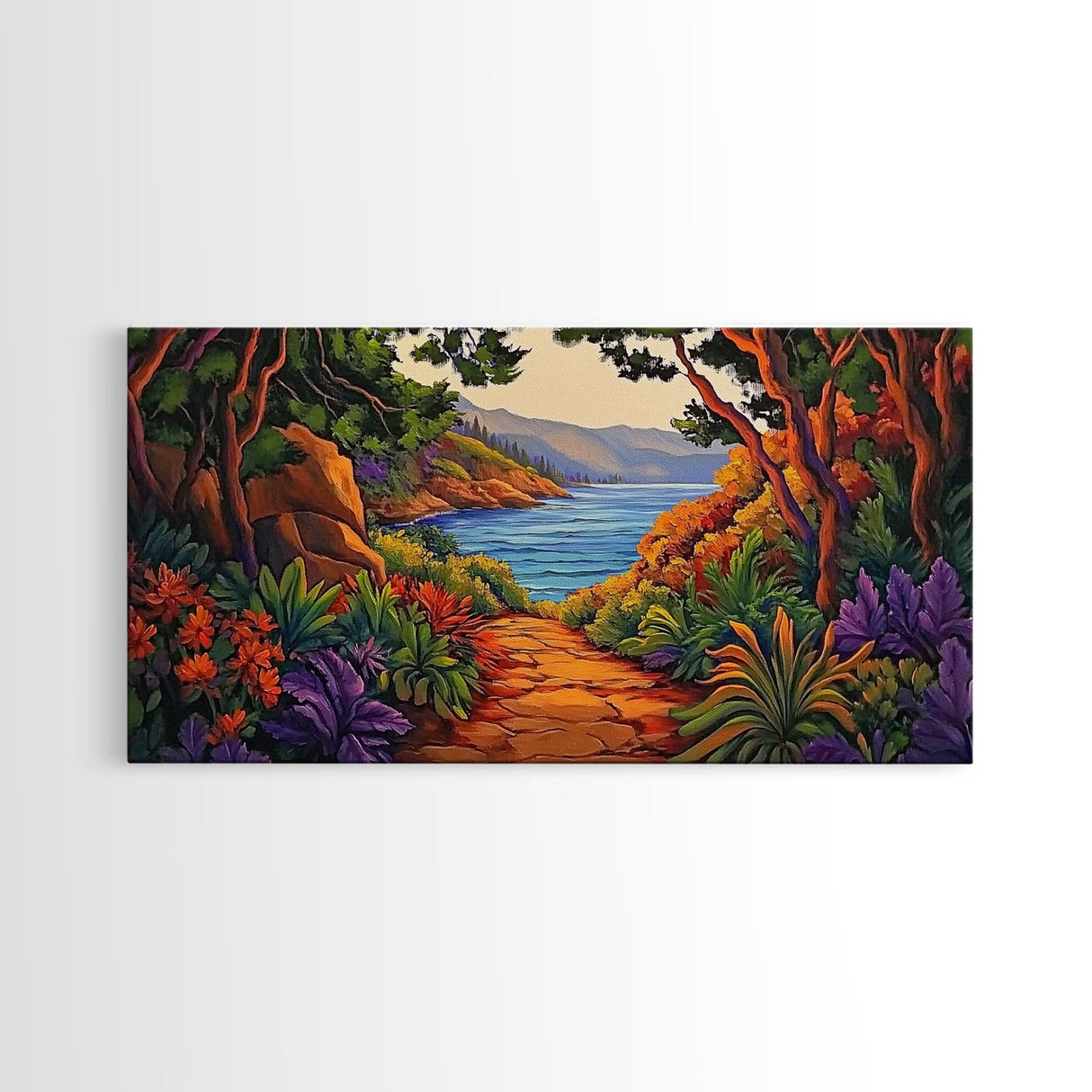 Trail Trees, Ocean, Bright, Framed Canvas Print vibrant nature path artwork, coastal forest boho art, kitchen wall decor