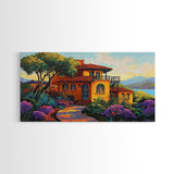 Villa Hillside, Coastal, Colorful, Framed Canvas Print Mediterranean house art, vibrant landscape painting, kitchen boho decor print