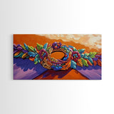 Wreath Orange, Floral, Framed Canvas Print, Bright Floral Crown Wall Decor, Whimsical Art Style, Bohemian Bedroom Artwork