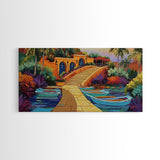 Tropical Boats, Colorful, Lagoon, Canvas Print, boats docked at tropical villa, Living Room Wall Art, vibrant coastal art, boho décor