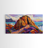 Ocean Cave, Rocky Coast, Lavender Brush, Framed Canvas Print, Bold Nature Wall Art, Vibrant Bedroom or Study Coastal Decor