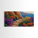 Floral Path, Coastal Trail, Ocean View, Framed Canvas Print, Bright Nature Wall Art, Vibrant Hallway or Kitchen Boho Decor