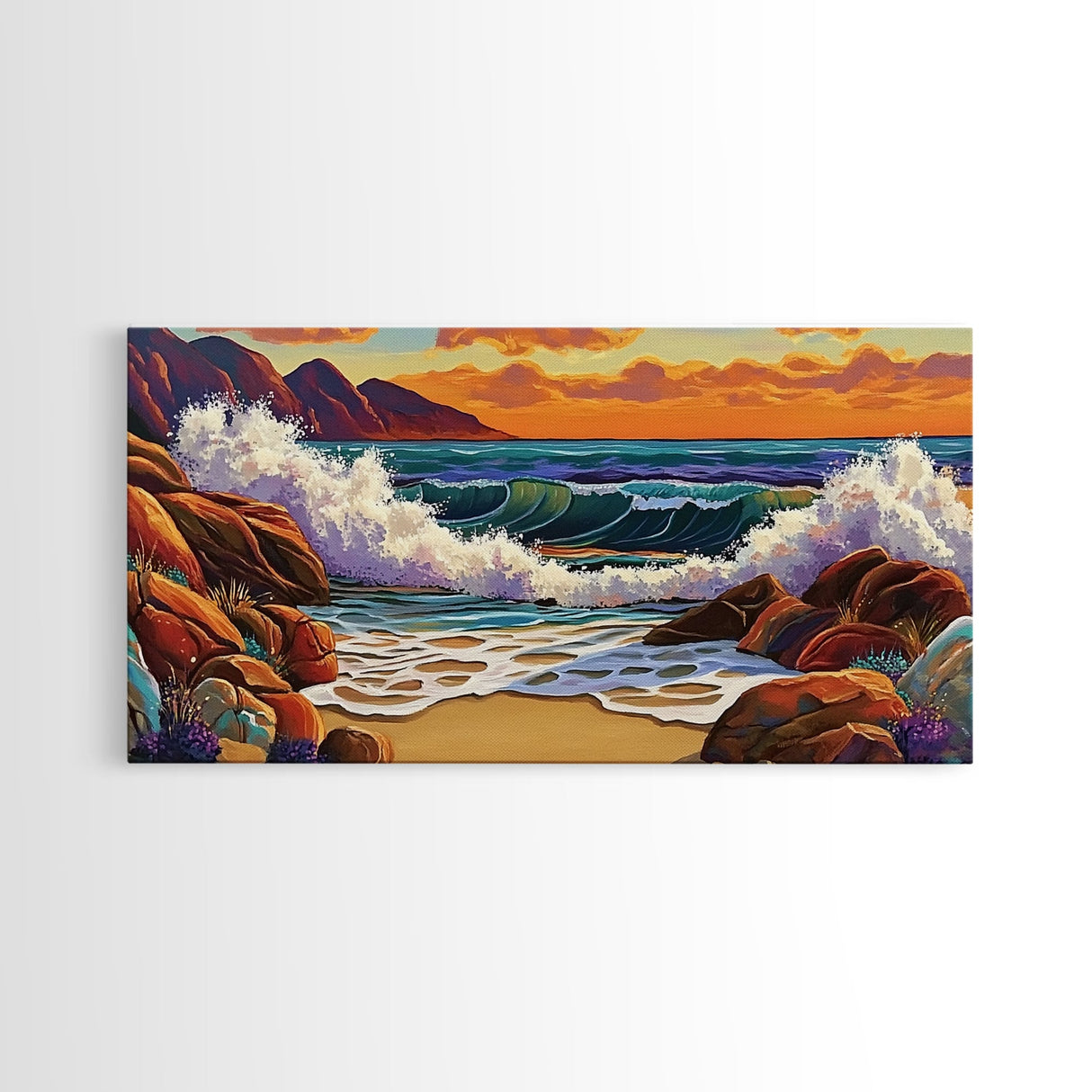 Sunset Surf, Crashing Waves, Coastal Mountains, Canvas Print, Vibrant Seascape Wall Art, Beach House Art, Bathroom Ocean Decor
