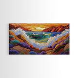 Wave Crash, Sunset Coast, Rocky Horizon, Canvas Print, Dramatic Seascape Wall Art, Ocean Inspired Living Room Art, Study Decor