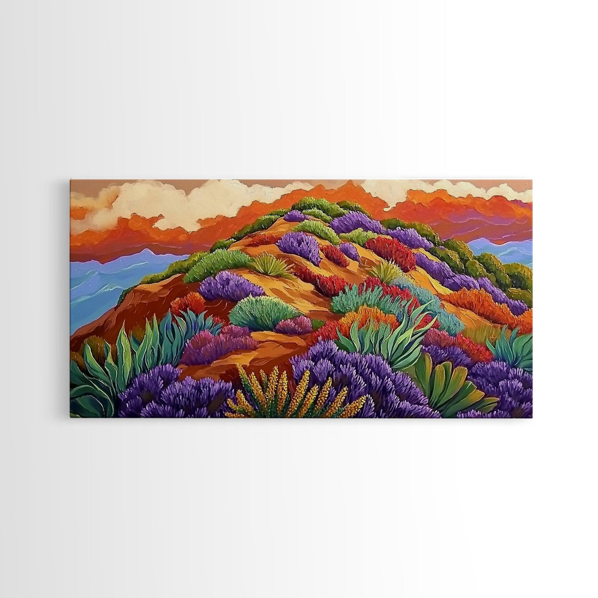 Wildflower Mountain, Sunrise, Hillside, Framed Canvas Print Bold desert landscape, colorful botanical art, boho Fall bedroom decor