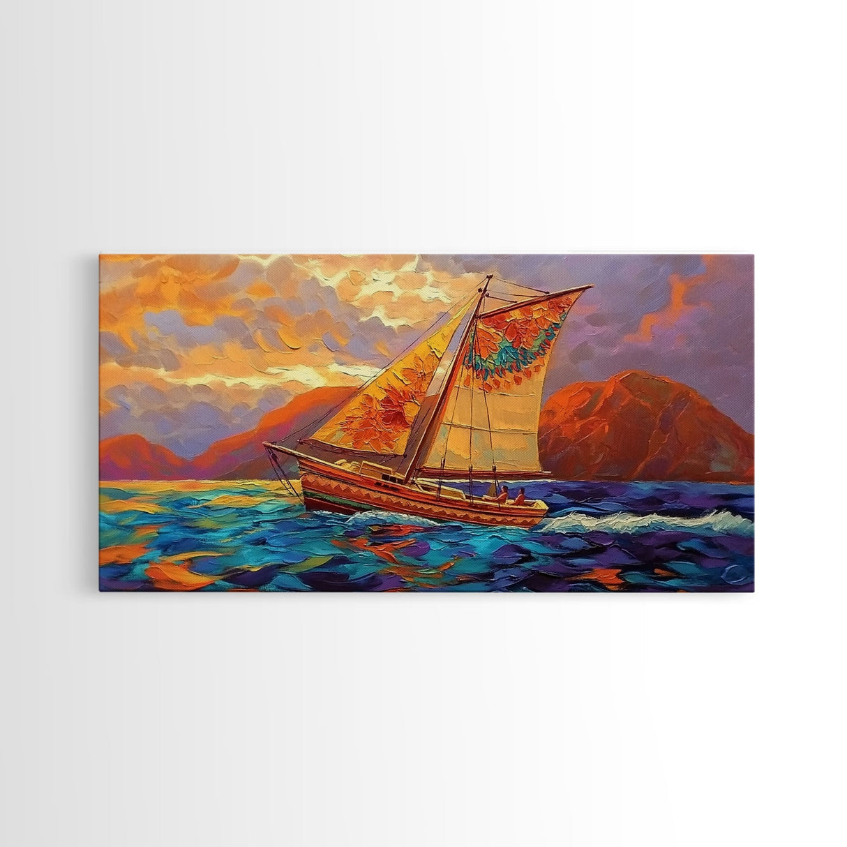 Sailboat Sunset, Ocean, Adventure, Framed Canvas Print Nautical coastal wall art, colorful seascape, bold living room decor