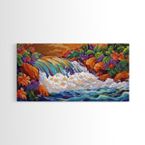 Rainbow, Waterfall, Jungle, Sunset, Framed Canvas Print Tropical boho art, bathroom art, living room decor, floral nature painting