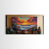Sunset Ocean, Waves, Vibrant, Coastal Landscape Framed Canvas Print, Living Room Wall Art, Bold Color Art, Tropical Beach Sunset Decor