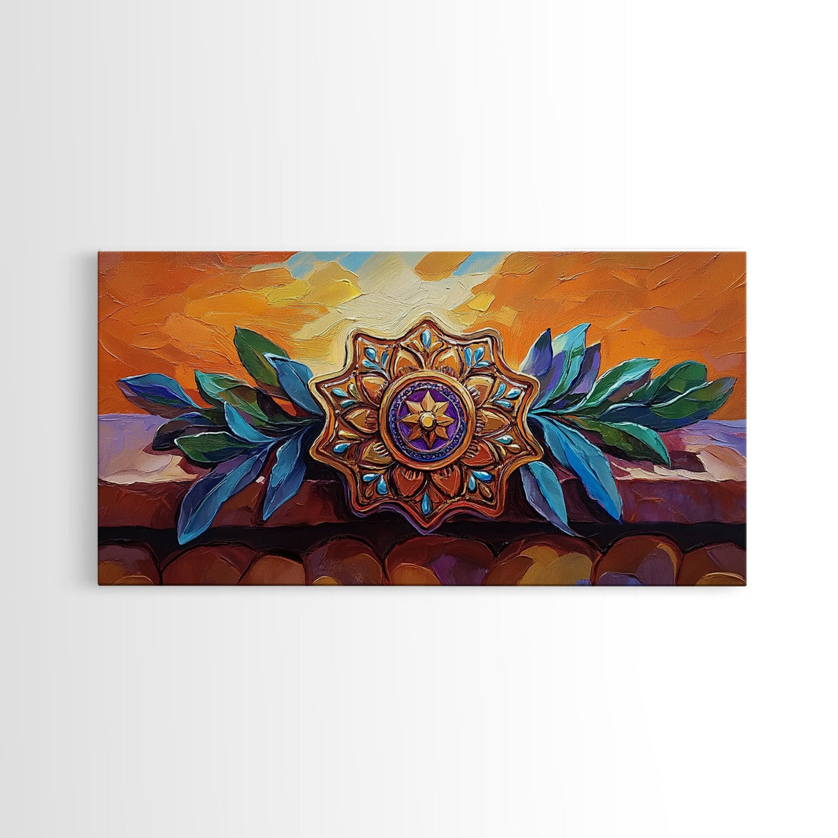 Mandala Sunset, Leaves, Ornament, Framed Canvas Print, spiritual boho wall decor, entryway wall art, zen home sacred symbol painting