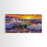 Wave Ocean, Sunset, Surf, Framed Canvas Print, tropical wave wall decor, surf boho art, vibrant beach bathroom or office wall art