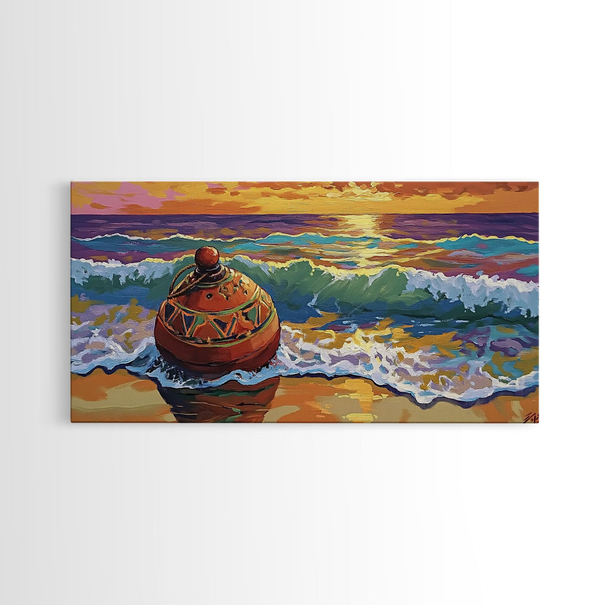 Buoy Shoreline, Sunset, Surf, Sunset Ocean Buoy Canvas Print, Coastal Wall Art, Nautical Theme Living Room, Bold Beach House Fall Decor
