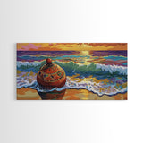 Buoy Shoreline, Sunset, Surf, Sunset Ocean Buoy Canvas Print, Coastal Wall Art, Nautical Theme Living Room, Bold Beach House Fall Decor