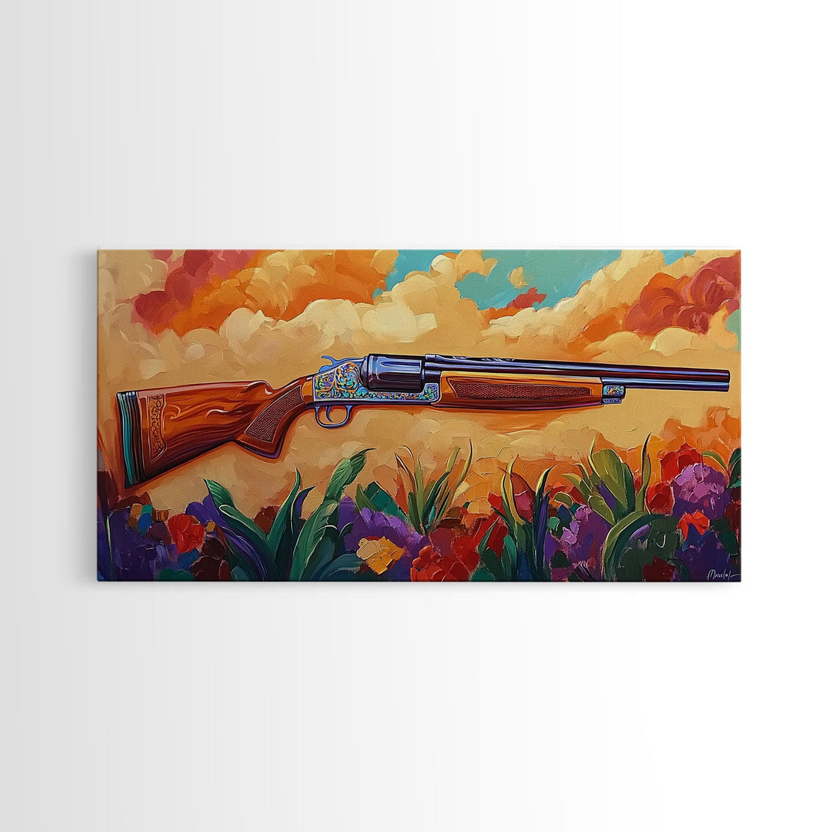Shotgun Floral, Sunset, Western, Framed Canvas Print, rustic hunting cabin art, bold Americana decor, man cave or lodge wall print