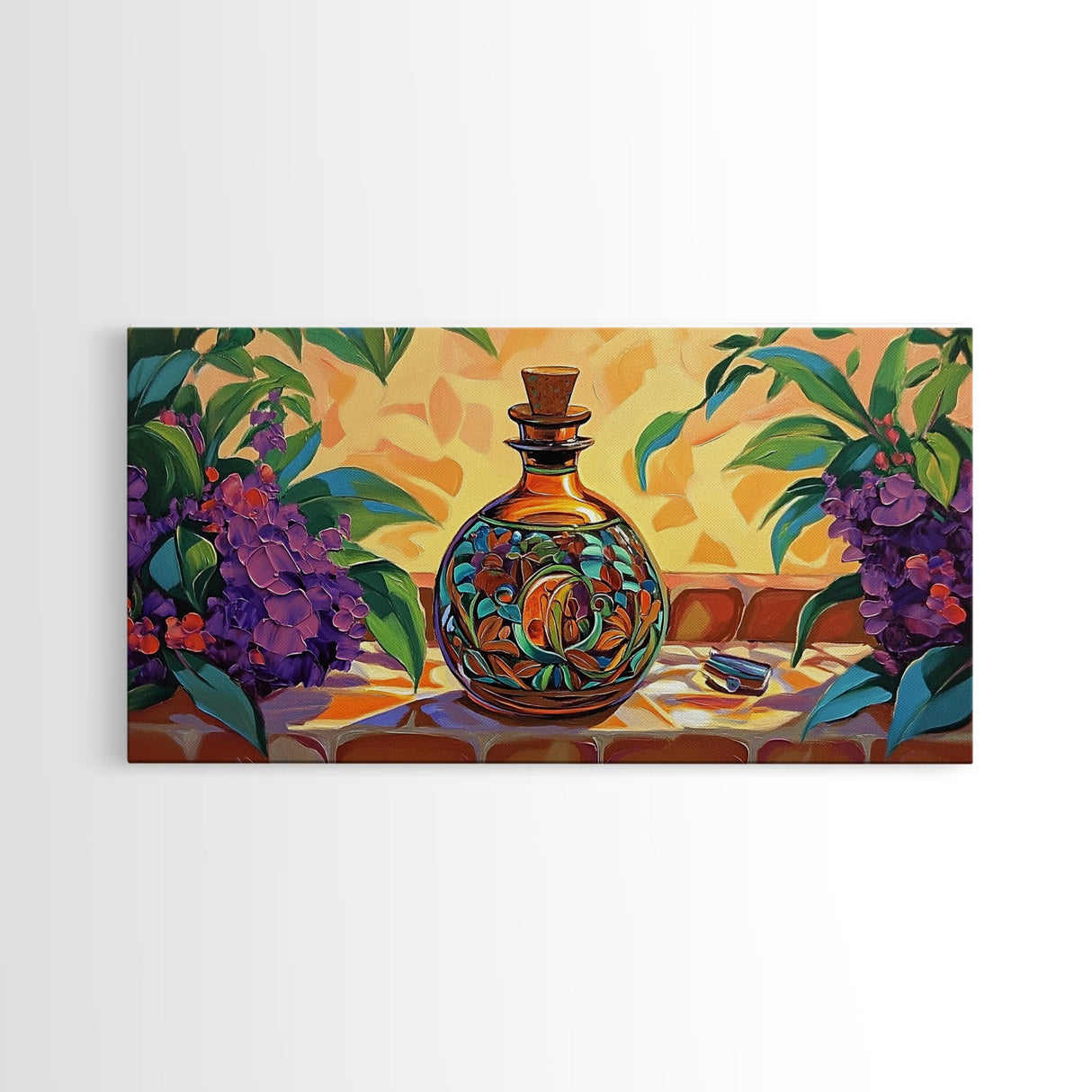 Tequila Bottle, Floral, Decor, Framed Canvas Print, Mexican kitchen wall art, vibrant bottle painting, fiesta bar wall boho artwork