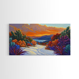 Winter Sunset, Lake, Trees, Framed Canvas Print, Autumn cabin wall art, colorful landscape living room decor, mountain snow painting