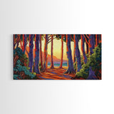 Trees Forest, Ocean, Sunset, Coastal Forest Path Framed Canvas Print, Nature Lover Wall Art, Cabin Decor, Fall Living Room Art