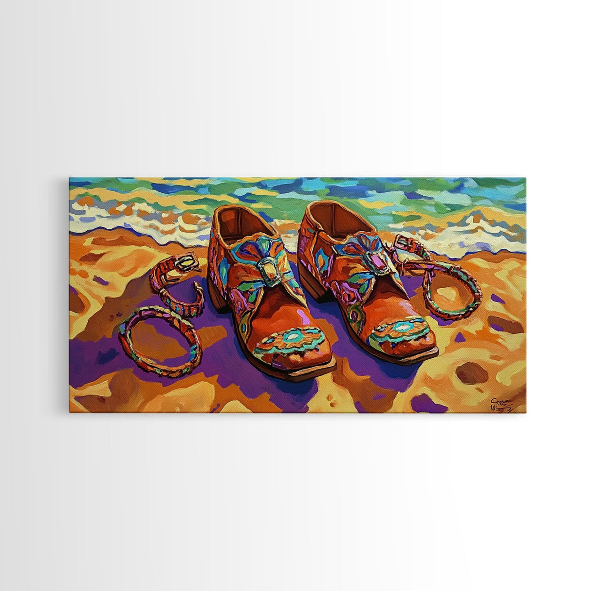 Shoes Beach, Jewelry, Colorful, Framed Canvas Print, southwest fashion art, boutique style, walk-in closet art, fashion studio wall art