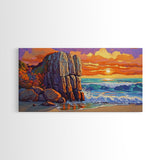 Rock Ocean, Sunset, Waves, Framed Canvas Print, coastal wall decor, bold shoreline art, living room beach style, nature theme