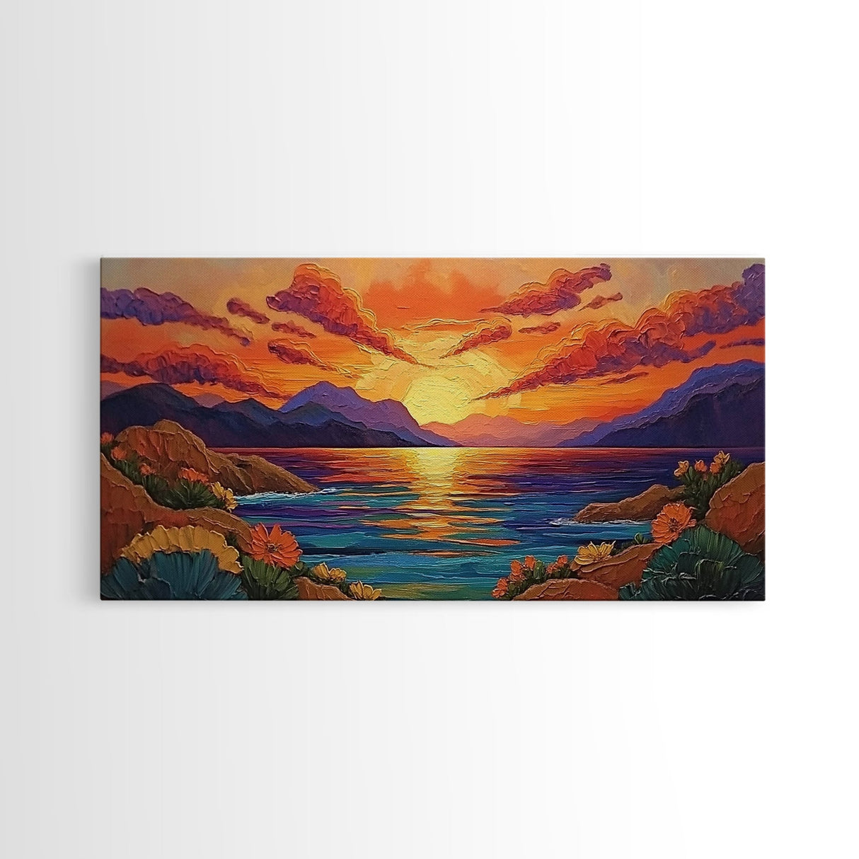 Sunset Coastal, Landscape, Vibrant Colors, Framed Canvas Print, Boho Beach Art, Living Room Wall Decor, Nature Painting, Summer Vibes