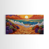 Beach Ocean, Sunrise, Coastal Path, Framed Canvas Print, Vibrant Seaside Art, Bathroom Wall Decor, Nature Landscape, Colorful Waves