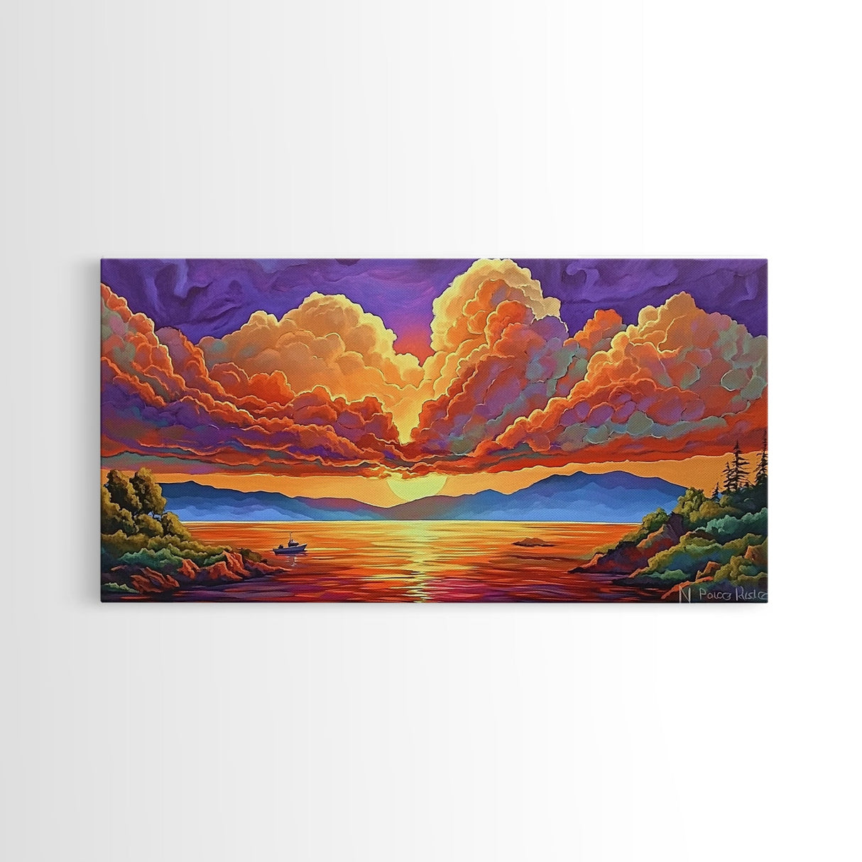 Boat Lake, Dramatic Sky, Sunset Clouds, Framed Canvas Print, Fall Landscape Art, Office Wall Decor, Vibrant Nature Scene, Moody Colors