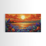 Flowers Sunset, Ocean View, Coastal Bloom, Framed Canvas Print, Vibrant Nature Art, Kitchen Wall Decor, Beach Garden Scene, Bold Colors