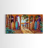 Surfboards Beach, Tropical, Colorful Life, Framed Canvas Print, Coastal Art, Entryway Wall Decor, Surf Shack Vibes, Tropical Summer