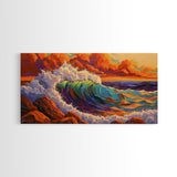 Ocean Wave, Sunset, Crashing Surf, Framed Canvas Print, Colorful Coastal Art, Living Room Wall Decor, Seaside Painting, Bold Landscape