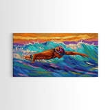 Swimmer Waves, Sunset, Athletic Art, Framed Canvas Print, Ocean Decor, Fitness Wall Art, Bedroom Inspiration, Bold Summer Style