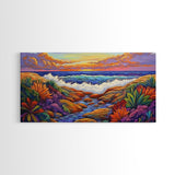 Sunset Ocean, Garden, View, Framed Canvas Print, coastal sunset wall art, tropical flowers, beach décor, boho landscape, living room