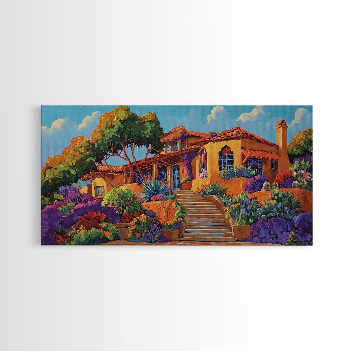 Villa Garden, Adobe, Colorful, Framed Canvas Print, vibrant Mexican villa wall art, blooming flowers, southwestern kitchen décor