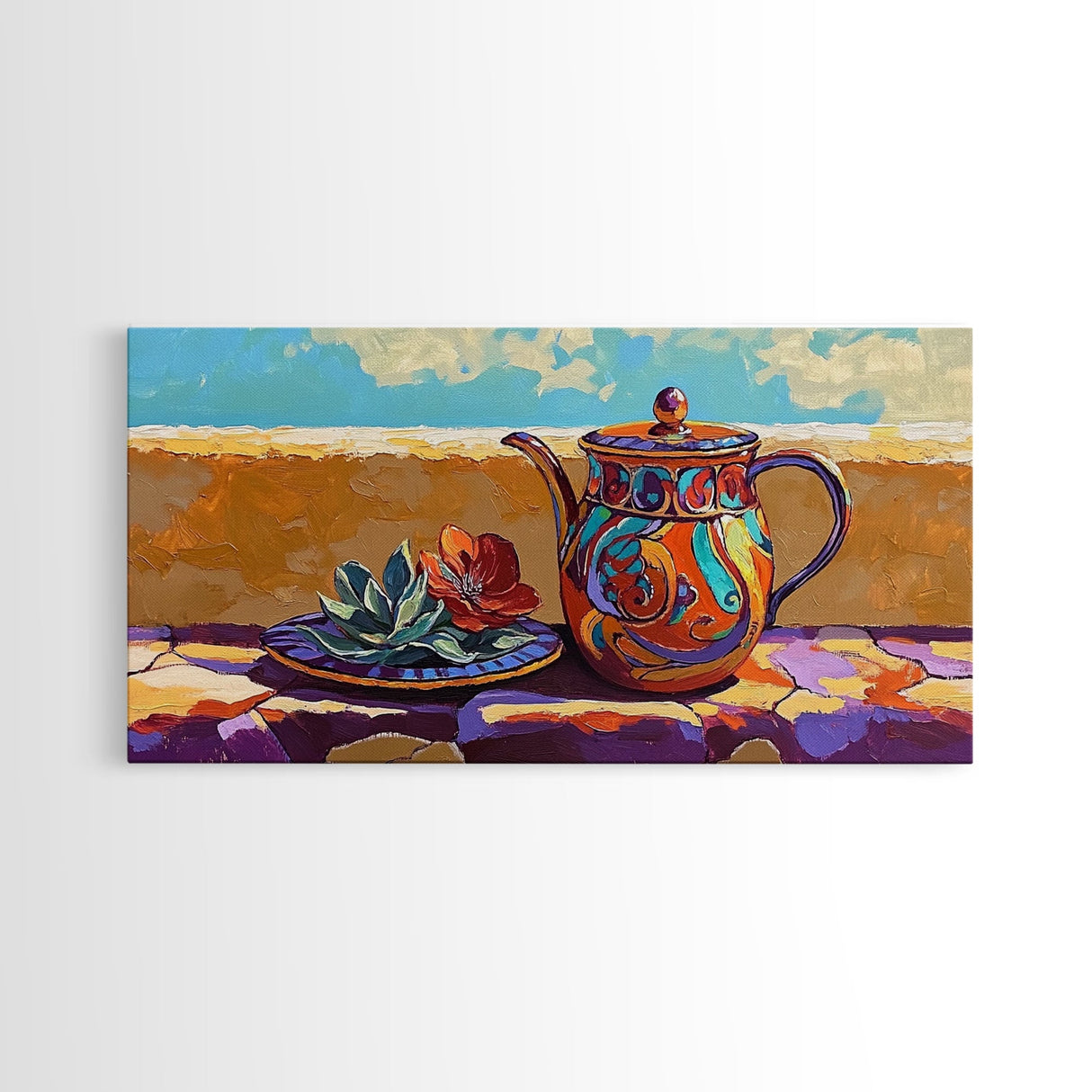 Teapot Patio, Desert, Ceramic, Framed Canvas Print, bold desert teapot art, colorful Mexican pottery, sunny outdoor patio wall art