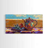 Teapot Patio, Desert, Ceramic, Framed Canvas Print, bold desert teapot art, colorful Mexican pottery, sunny outdoor patio wall art