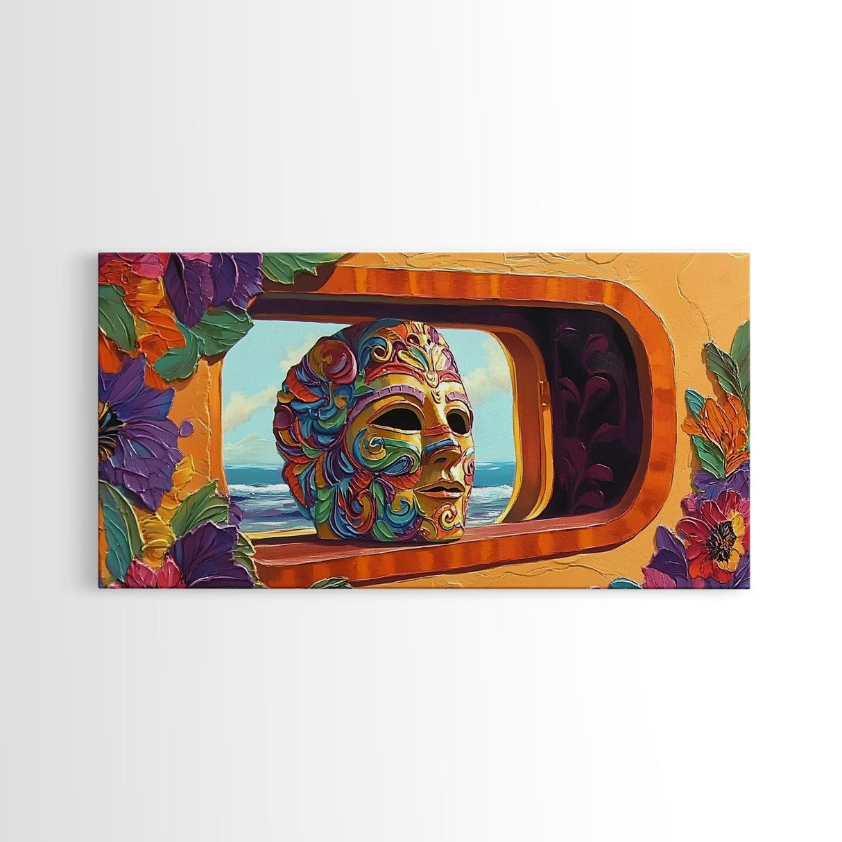 Mask, Window, Flowers, Coastal, Vibrant mask ocean view, Framed Canvas Print, Fiesta Art, Colorful Mexican Decor, Dining Room Wall Art