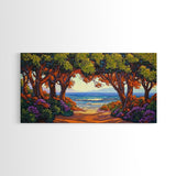 Beach Trees, Tunnel, Ocean, Sunset beach tunnel view, Framed Canvas Print, Coastal Boho Decor, Romantic Seaside Wall Art