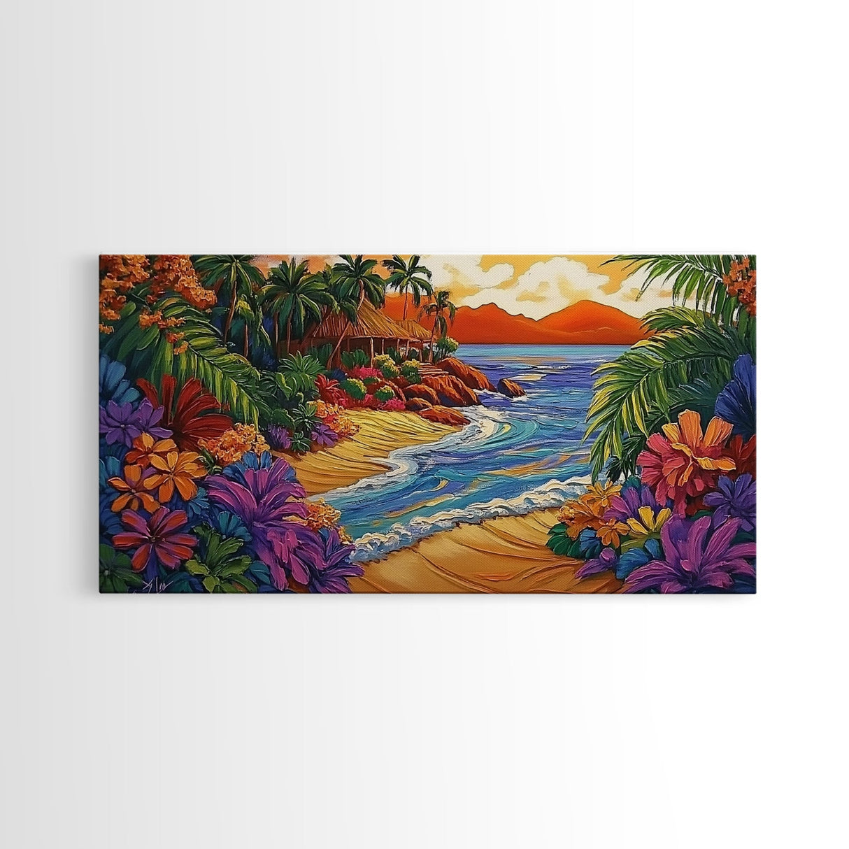 Tropical, Beach, Sunset, Palm, Vibrant tropical beach art, Canvas Print, Island Paradise Decor, Vacation Vibes, Living Room Art