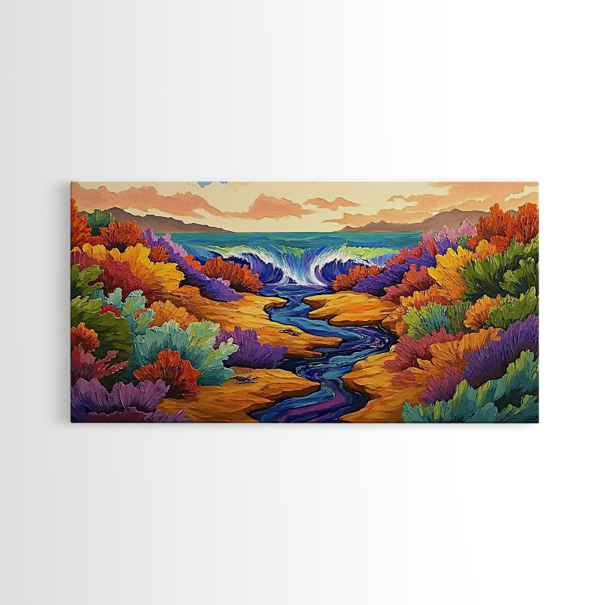 Waterfall, Canyon, Nature, Ocean, Framed Canvas Print, Boho wall art, nature landscape art, vibrant waterfall decor, bathroom wall art