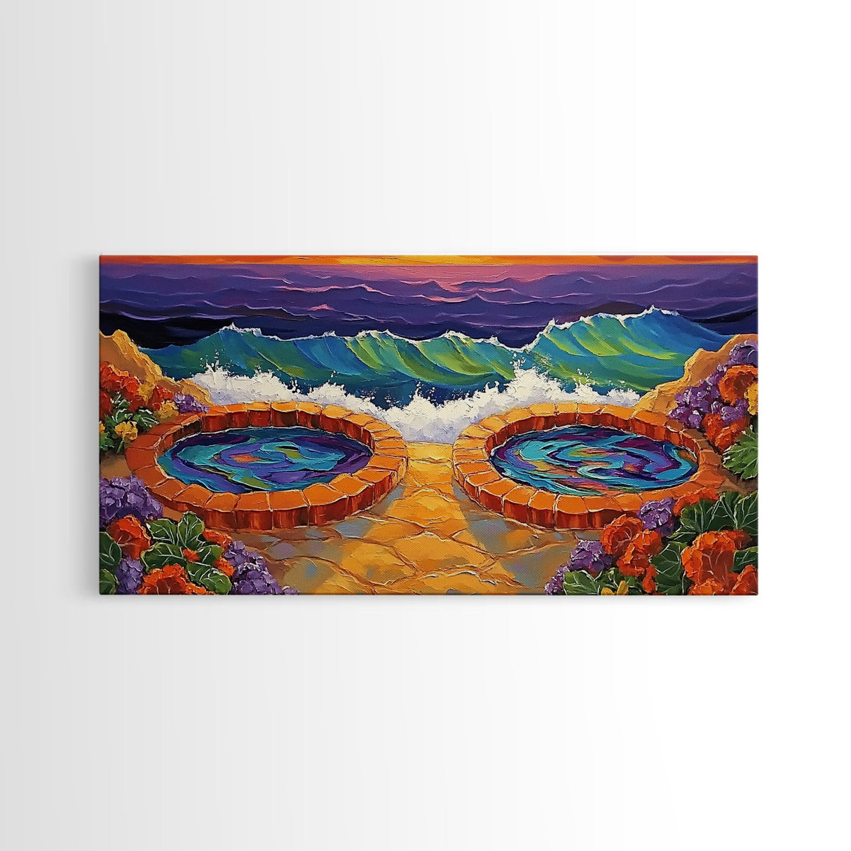 Hot Tubs, Ocean, Sunset, Waves, Framed Canvas Print, Seaside spa art, whimsical coastal print, boho beach bathroom art, spa decor