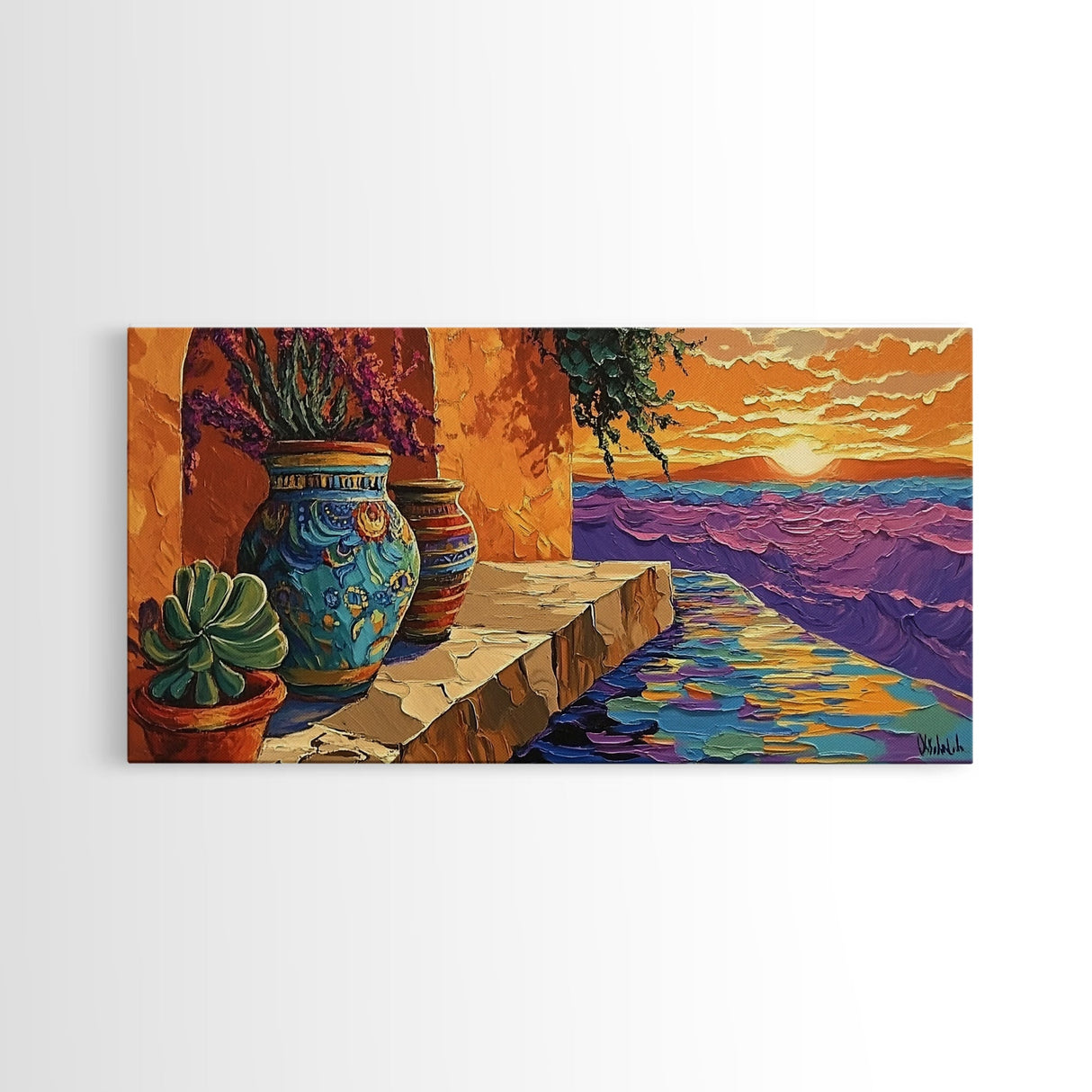 Sunset Terracotta, Patio, Art, Framed Canvas Print, Colorful Mexican pottery scene, vibrant tropical wall art, boho entryway decor